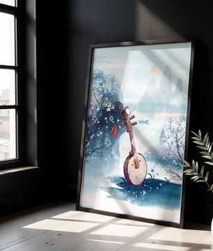 Paisaje tradicional chino con instrumento musical y flores