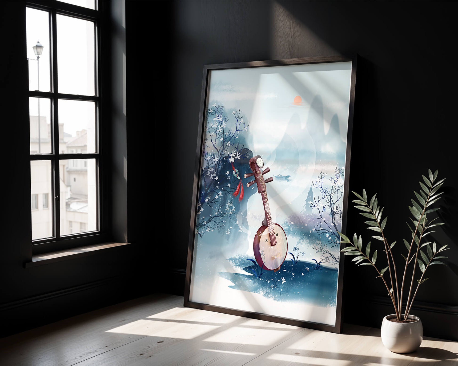 Paisaje tradicional chino con instrumento musical y flores