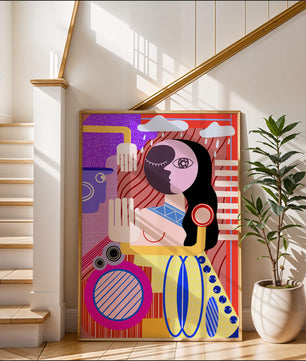 Abstrakte geometrische Kunst mit einer weiblichen Figur in leuchtenden Farben