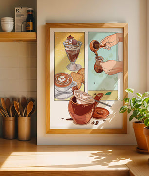 Ilustración artística de café y postre con detalles dorados