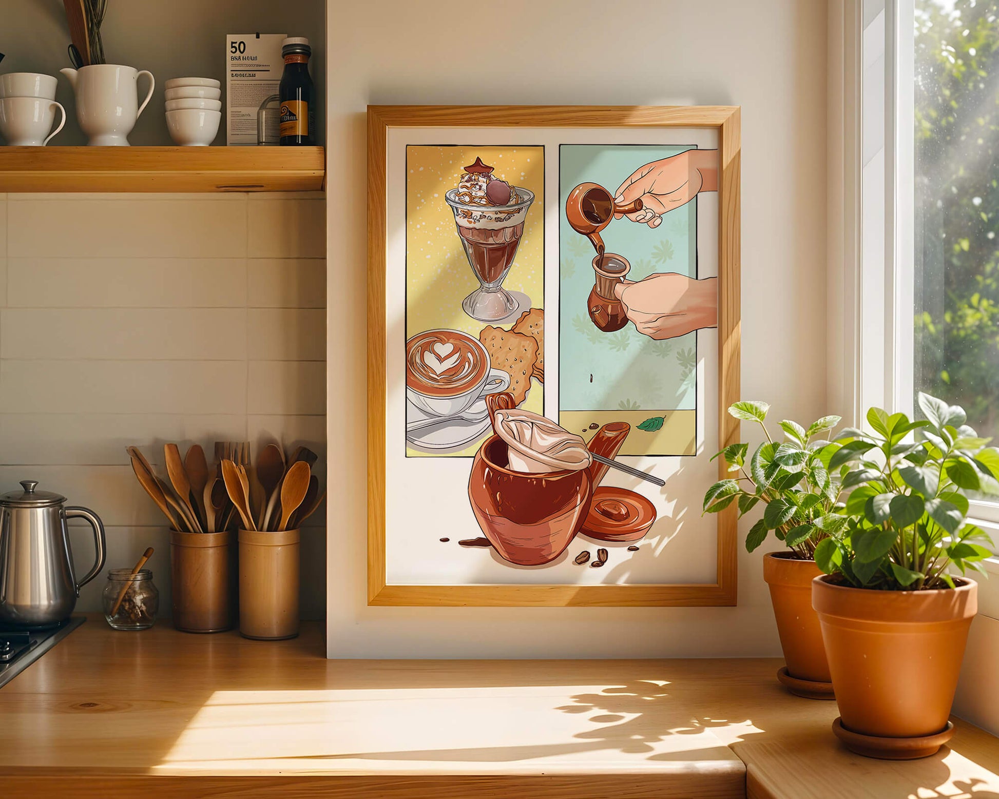 Ilustración artística de café y postre con detalles dorados