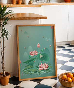 Illustration sereine de fleurs de lotus dans un étang paisible avec des montagnes