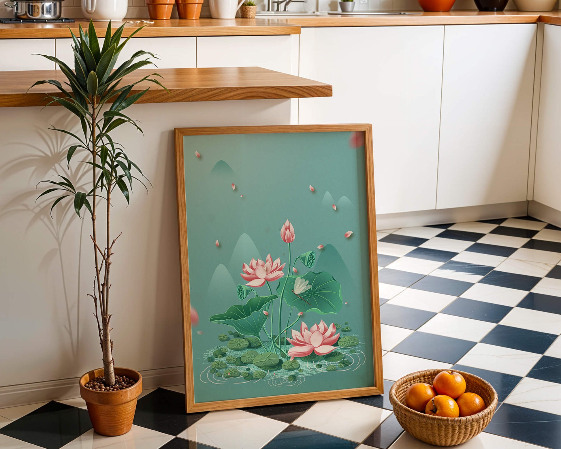 Serene illustration of lotus flowers in a tranquil pond setting with mountains