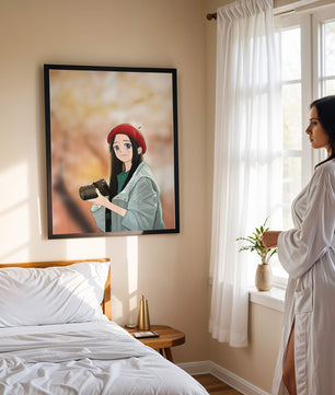 Chica de anime con boina roja sosteniendo una cámara durante el otoño