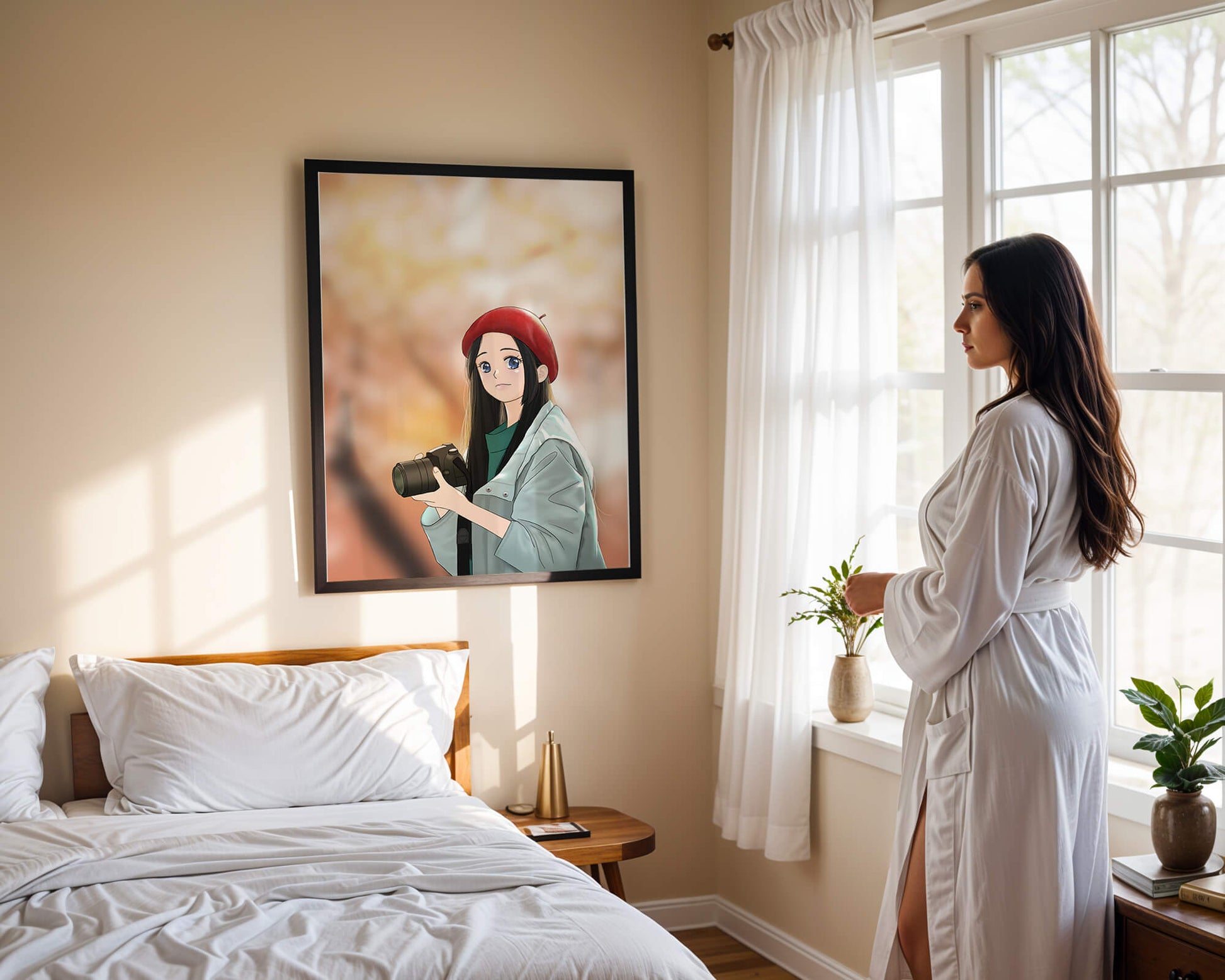 Anime girl in red beret holding camera during autumn