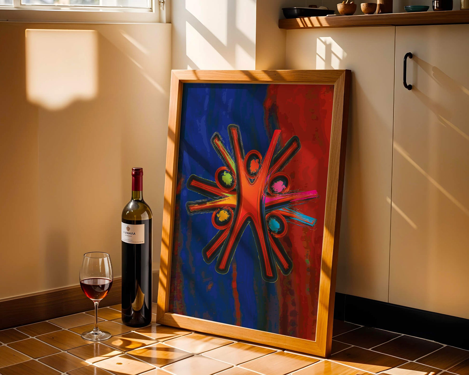 Abstract art with dynamic figures and vibrant colors