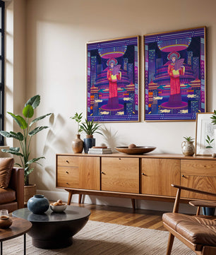 Futuristic Asian Inspired Artwork with Neon Colors and Geisha in Traditional Attire
