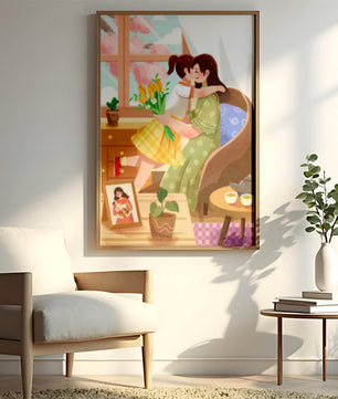 Mother and Daughter Embracing by the Window with Flowers