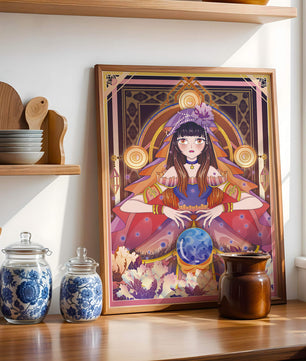 Obra de arte de fantasía con una adivina que tiene una bola de cristal y flores