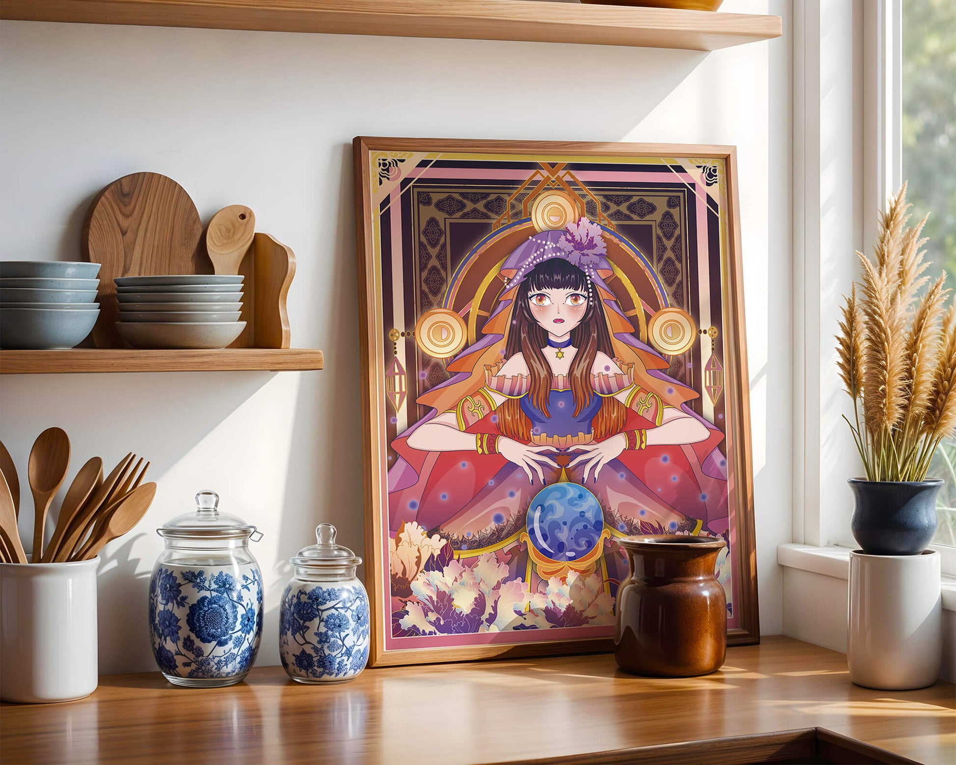 Fantasy Artwork Featuring a Fortune Teller with Crystal Ball and Flowers
