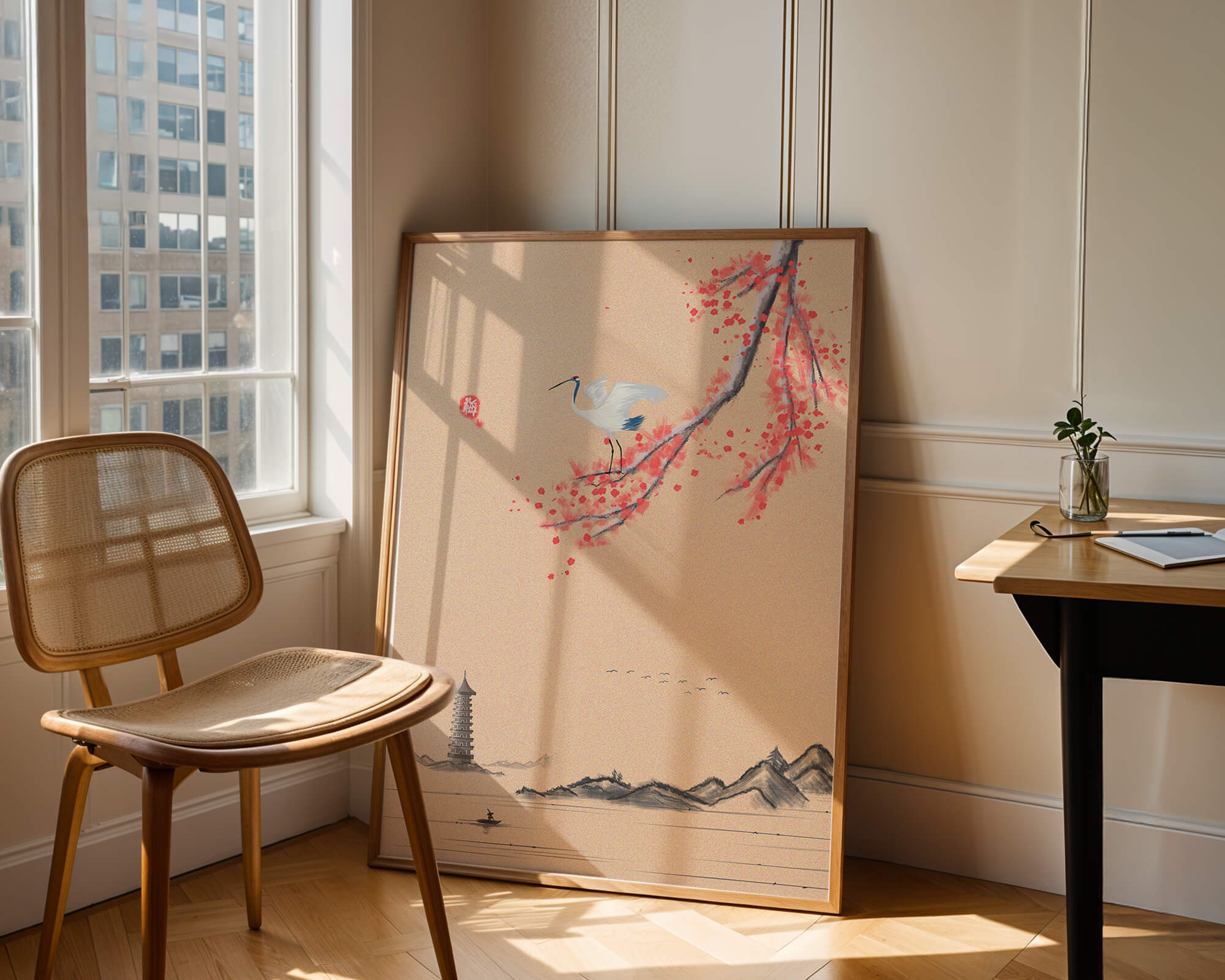 Serene landscape with crane and cherry blossom branch in East Asian style