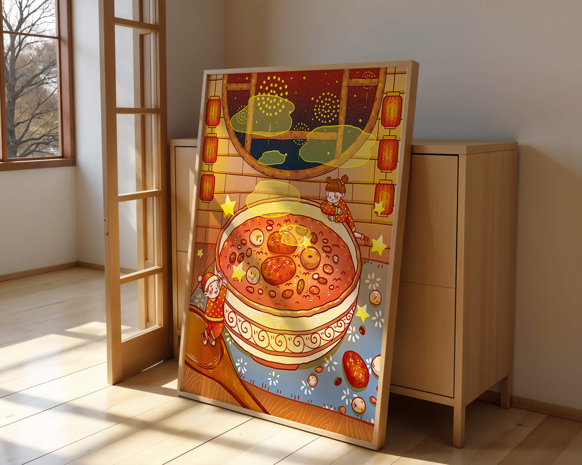 Cozy festive scene with children, a large bowl of soup, and lanterns