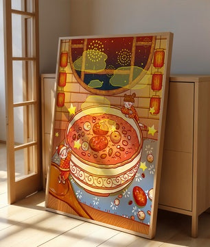 Scène festive et chaleureuse avec des enfants, un grand bol de soupe et des lanternes