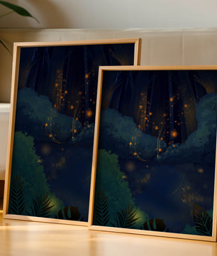 Enchanted night forest with glowing fireflies and dense foliage