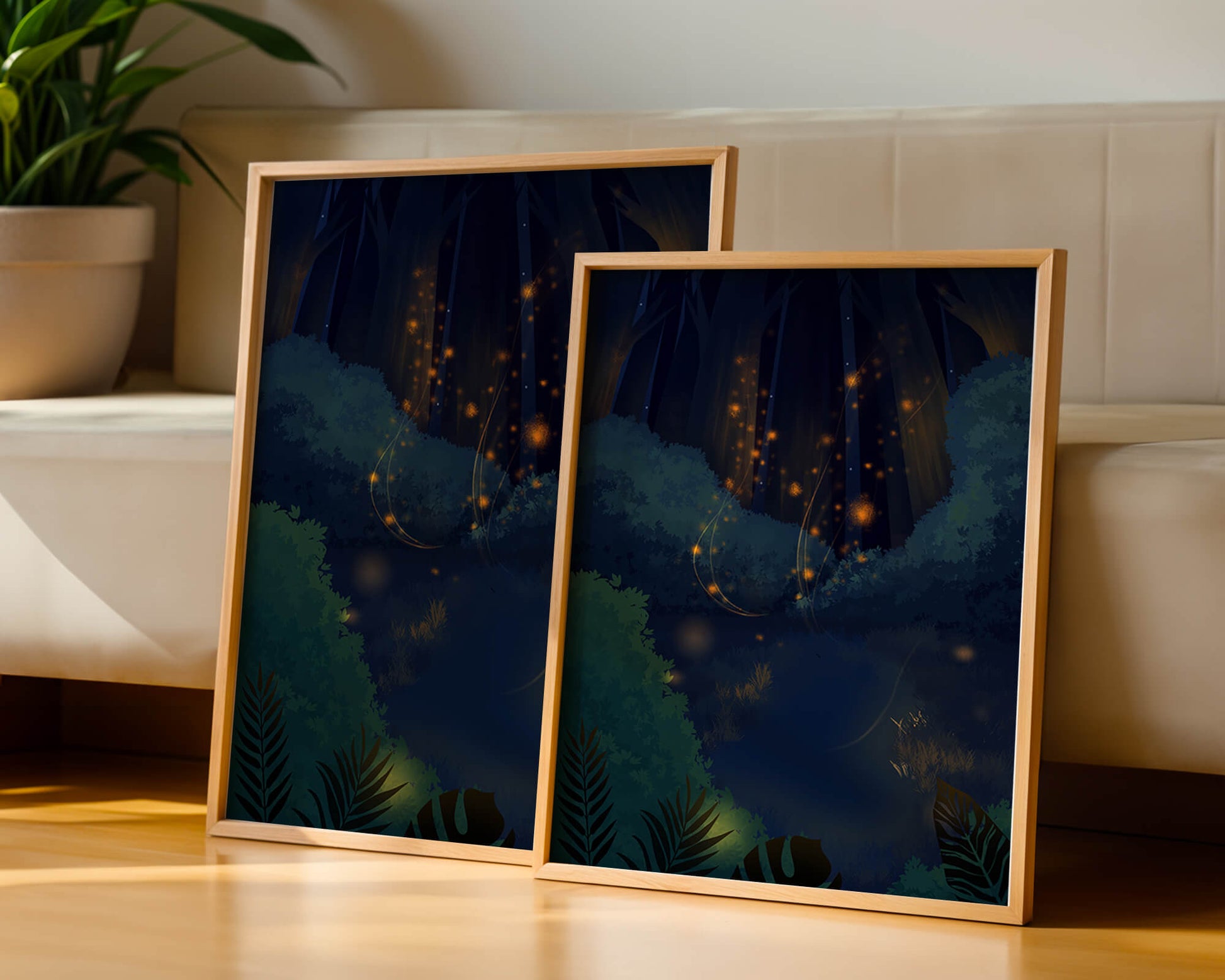Enchanted night forest with glowing fireflies and dense foliage