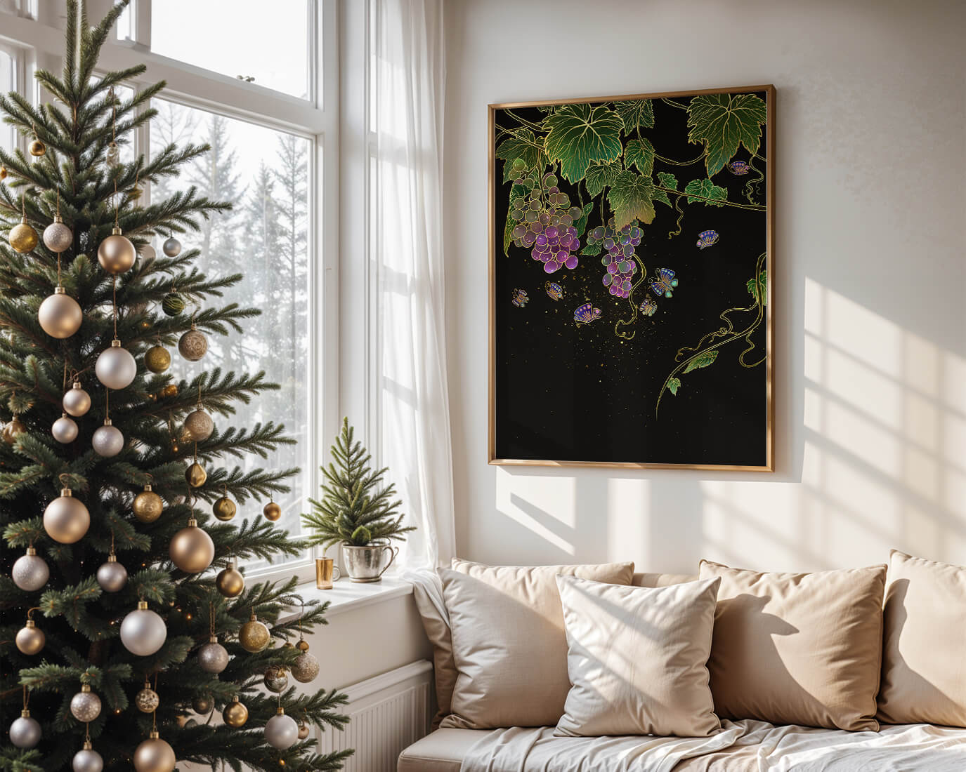 Uvas elegantes y mariposas sobre un fondo oscuro