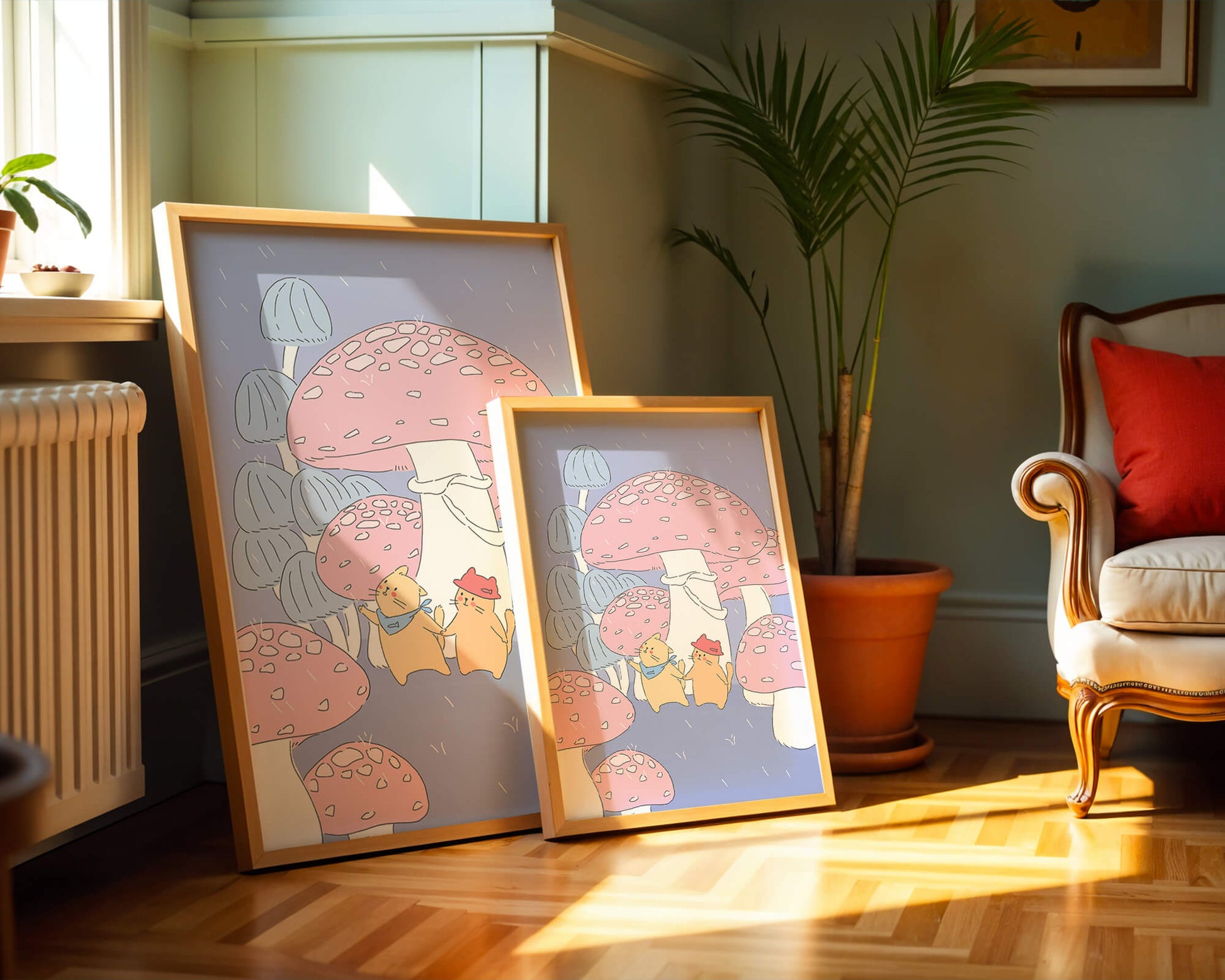 Charming illustration of cats among whimsical mushrooms