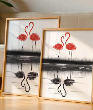 Flamencos elegantes reflejándose en el agua con un contraste artístico