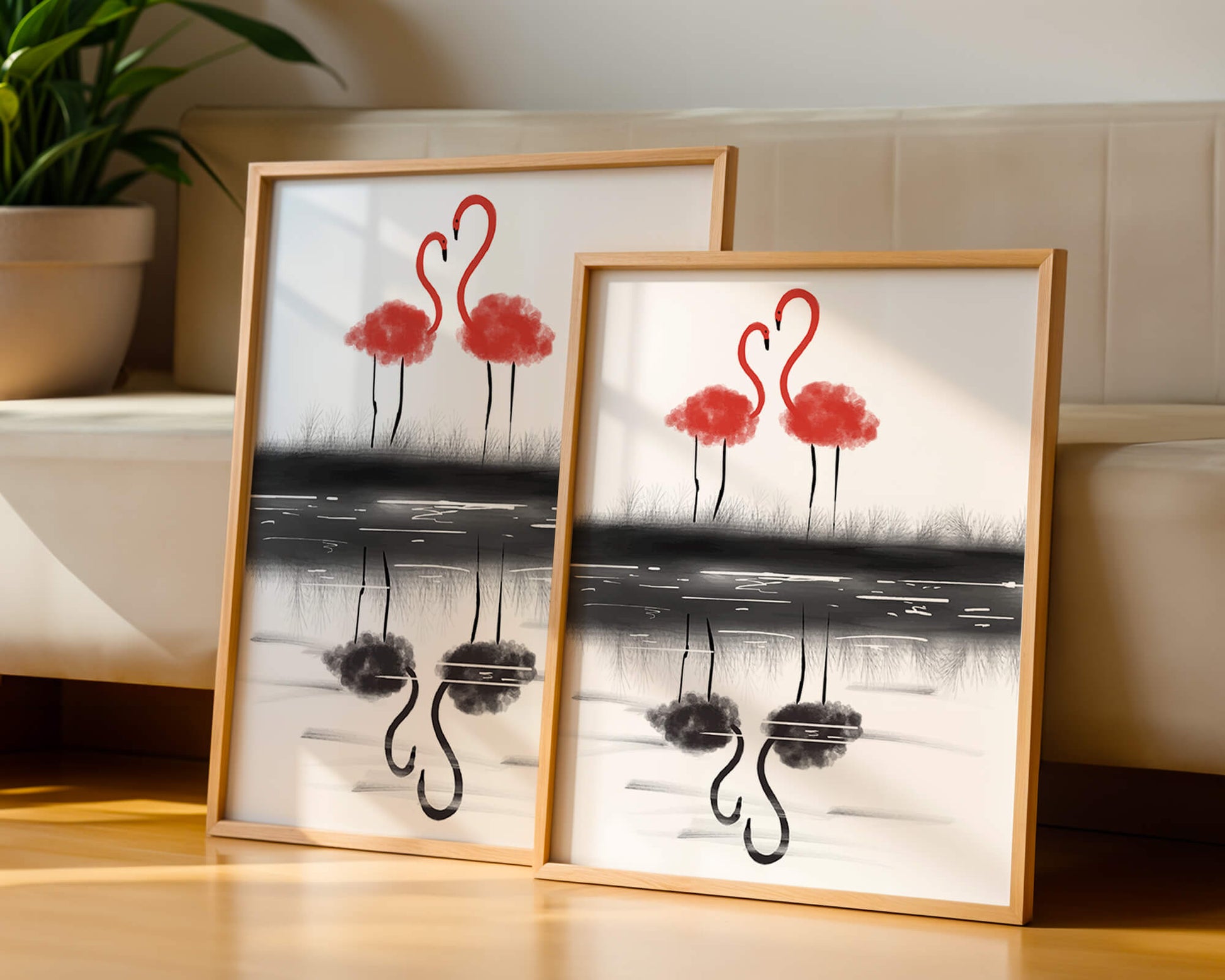 Flamencos elegantes reflejándose en el agua con un contraste artístico