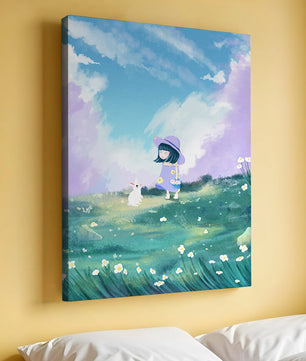 A Little Girl in a Purple Dress and Hat with a White Rabbit in a Flower Field Under a Blue Sky
