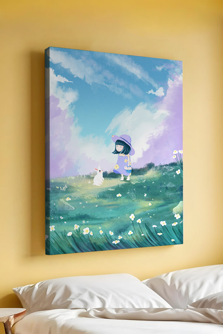 A Little Girl in a Purple Dress and Hat with a White Rabbit in a Flower Field Under a Blue Sky