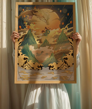 Mythical dragon and warrior painting with golden elements against a mountainous landscape