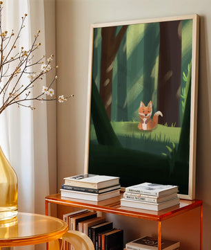 Charmante Illustration eines niedlichen Fuchses in einer ruhigen Waldlandschaft