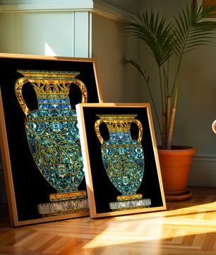 Jarrón de mosaico detallado con piedras preciosas doradas y azules sobre fondo negro