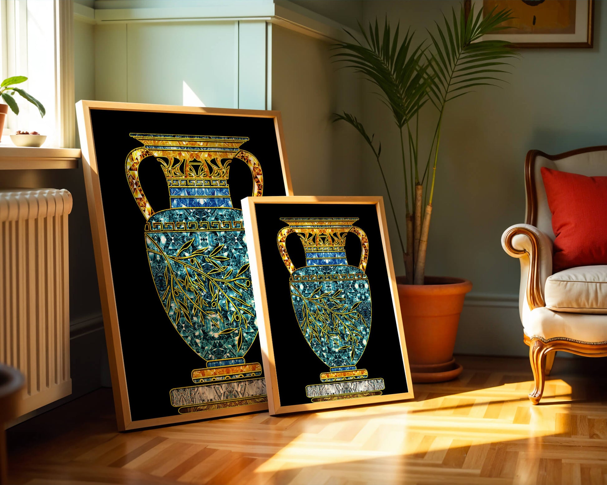 Jarrón de mosaico detallado con piedras preciosas doradas y azules sobre fondo negro