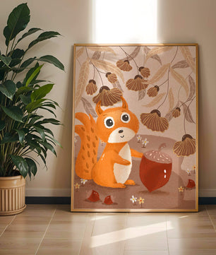 Orange Squirrel with Acorn in Autumn Forest