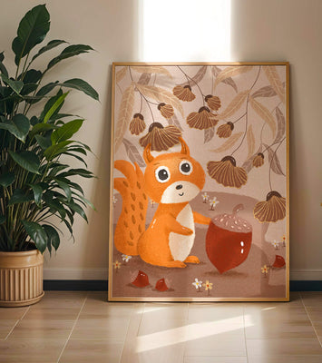 Orange Squirrel with Acorn in Autumn Forest