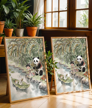 Escena caprichosa con un panda y un conejo junto al río