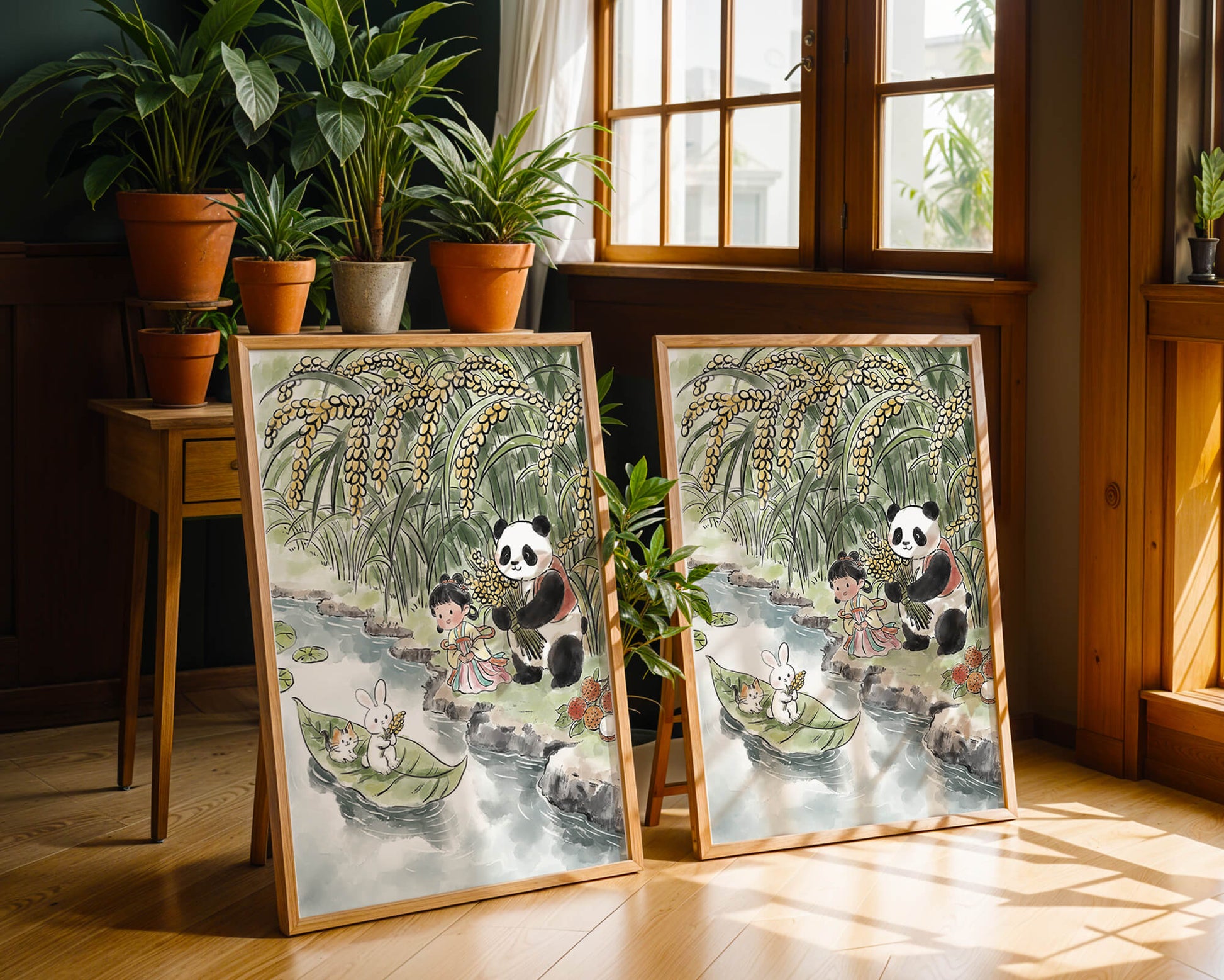 Escena caprichosa con un panda y un conejo junto al río