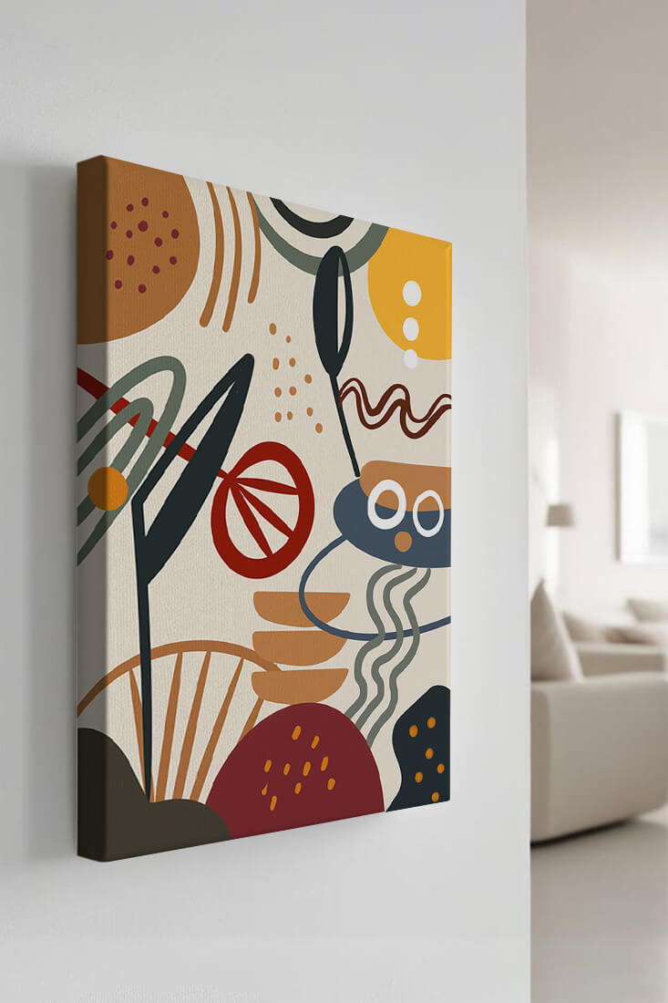 Arte geométrico abstracto con patrones y colores llamativos.