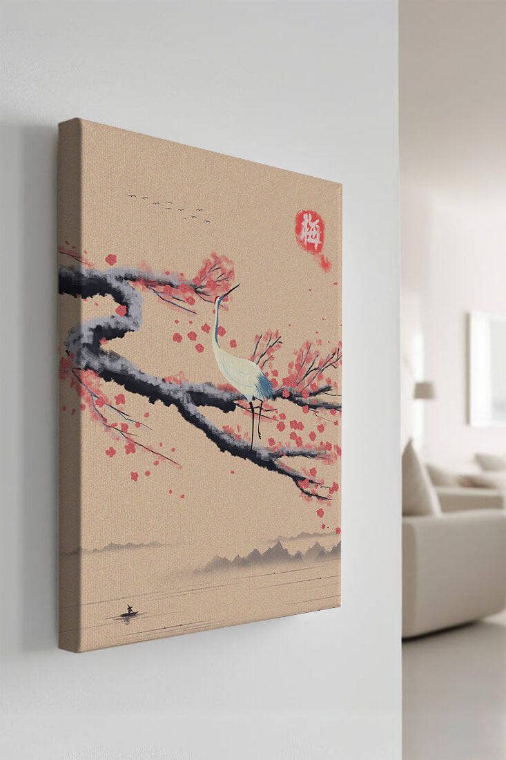 Elegant crane on cherry blossom branch with serene landscape