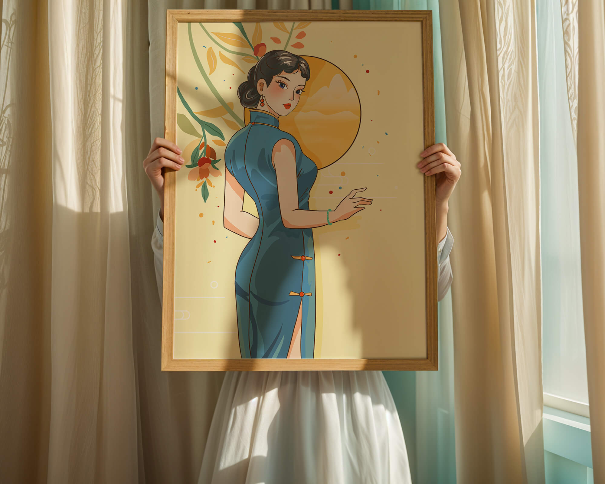 Elegant Woman in Traditional Dress with Floral and Golden Sun Backdrop