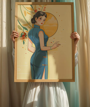 Mujer elegante con vestido tradicional y fondo floral y sol dorado