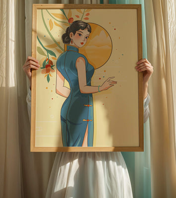 Elegant Woman in Traditional Dress with Floral and Golden Sun Backdrop