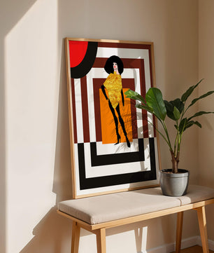 Ilustración de moda con figura en dorado y fondo geométrico