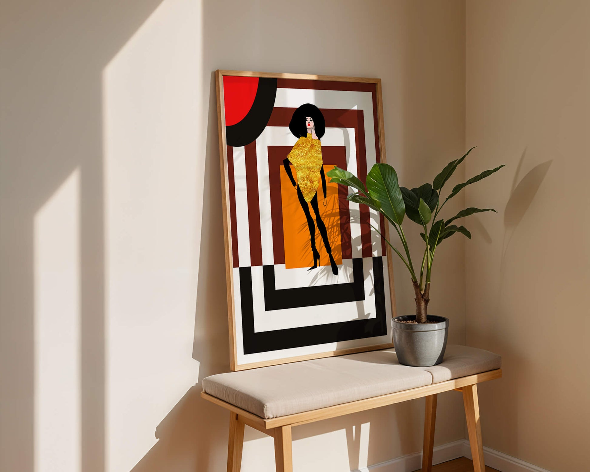 Fashion Illustration with Figure in Gold and Geometric Background