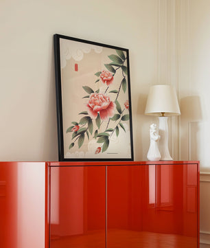 Oriental floral illustration with pink peonies and calligraphy