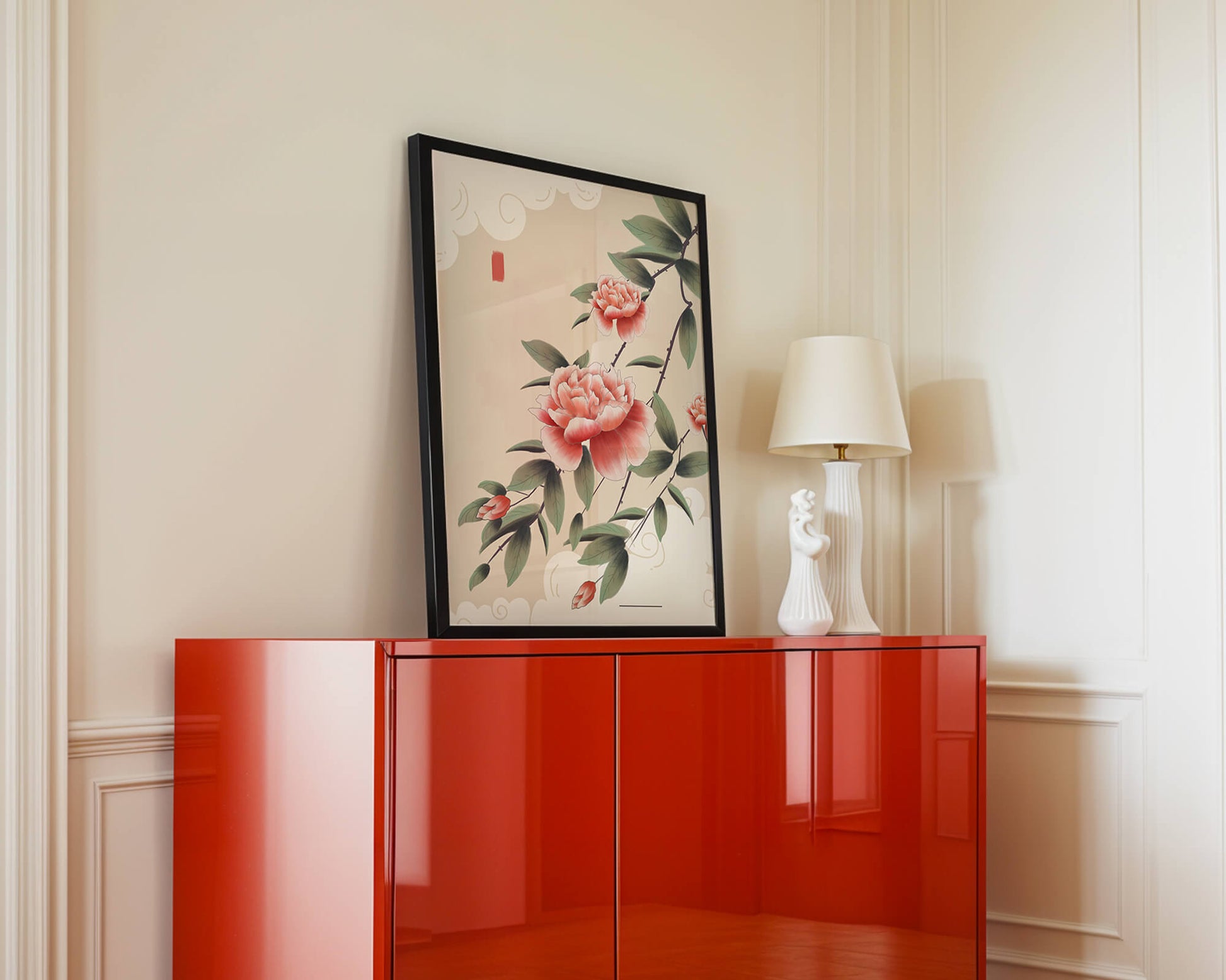 Oriental floral illustration with pink peonies and calligraphy