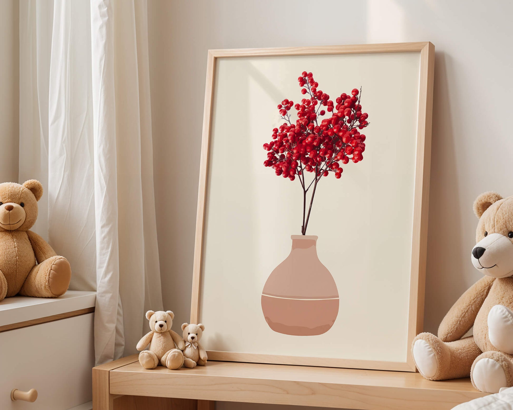 Red berries in minimalist clay vase on neutral background