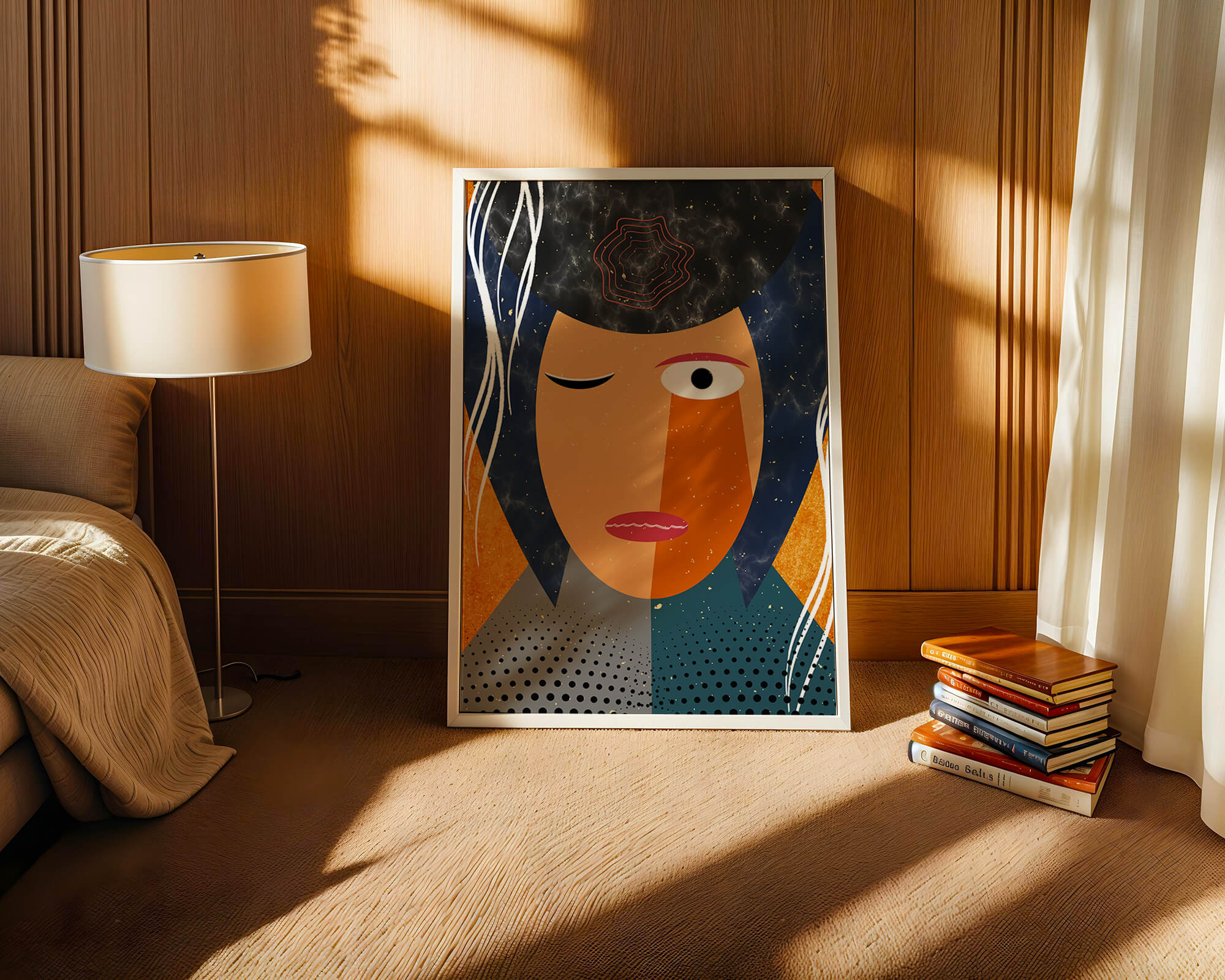Abstract geometric portrait featuring vibrant colors and textures