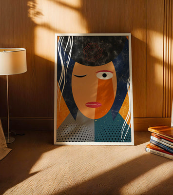 Abstract geometric portrait featuring vibrant colors and textures