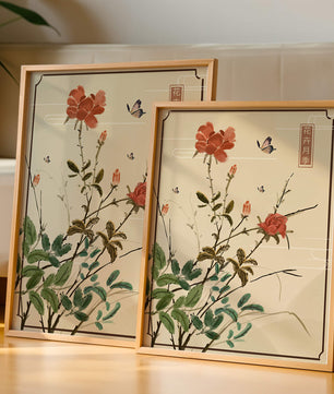 Delicate Floral Art with Red Flowers and Butterflies
