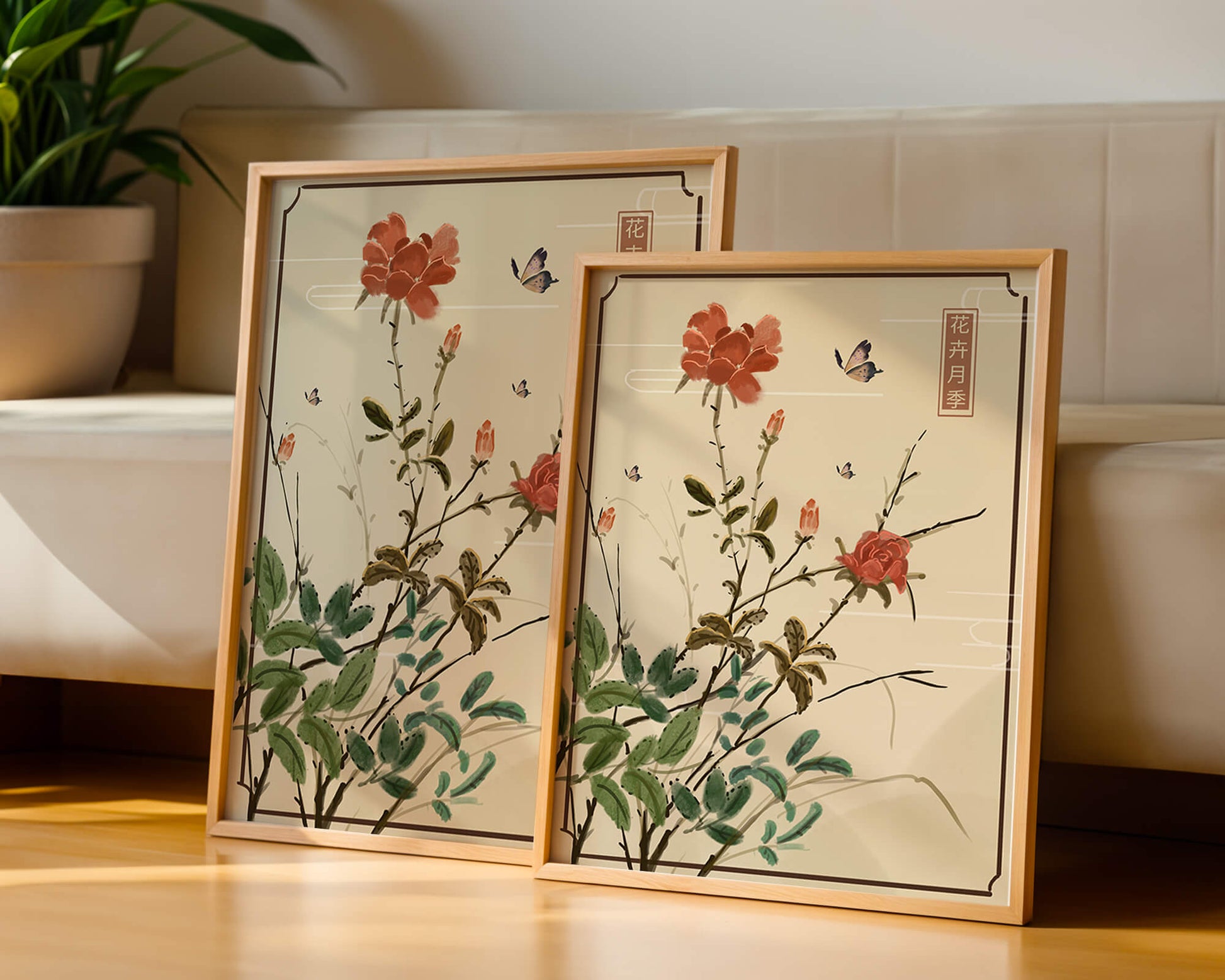 Delicado arte floral con flores rojas y mariposas