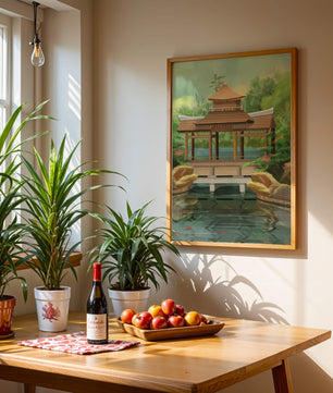 Traditional Japanese Garden Pavilion with Scenic Pond and Lush Greenery