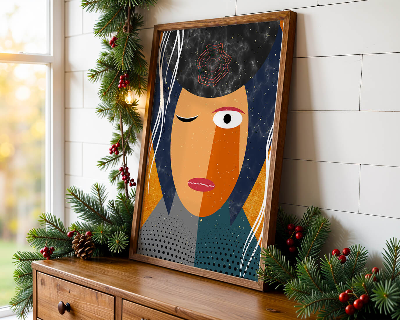 Abstract geometric portrait featuring vibrant colors and textures