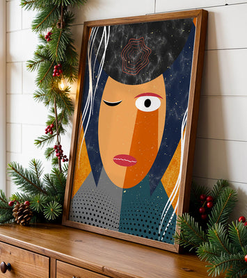 Abstract geometric portrait featuring vibrant colors and textures